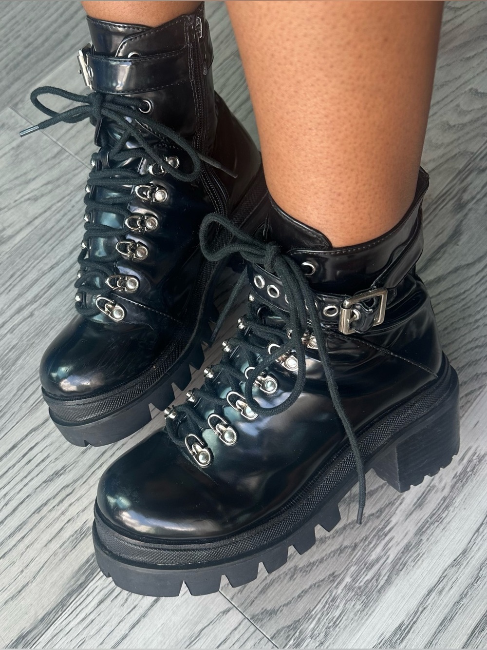 Jeffrey Campbell Black Patent Chunky Lug Lace-Up Boots